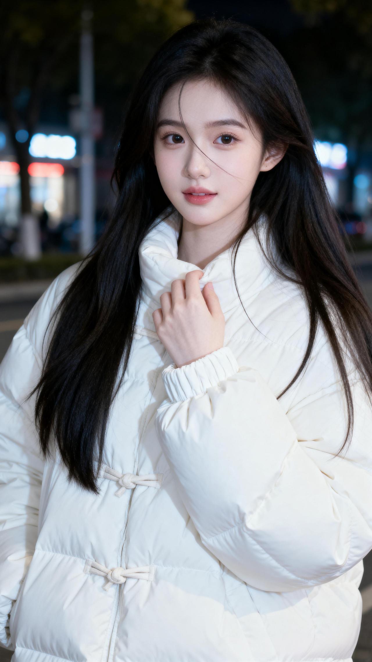夜晚街头的温柔少女，白色羽绒服搭配黑色长发，温暖而迷人。韩版白色羽绒服温柔风羽