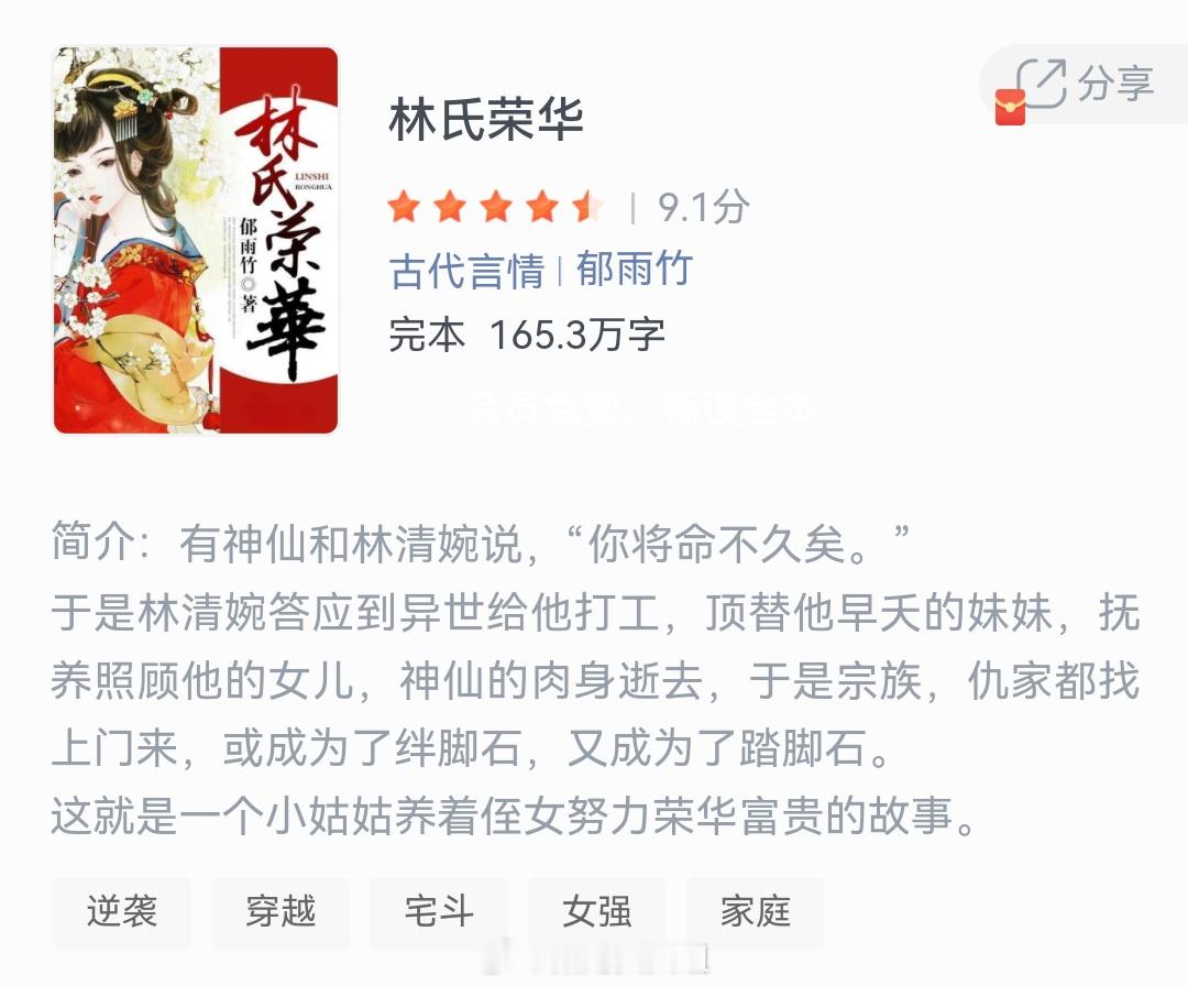 《林氏荣华》作者：郁雨竹有神仙和林清婉说，“你将命不久矣。”于是林清婉答应到异世