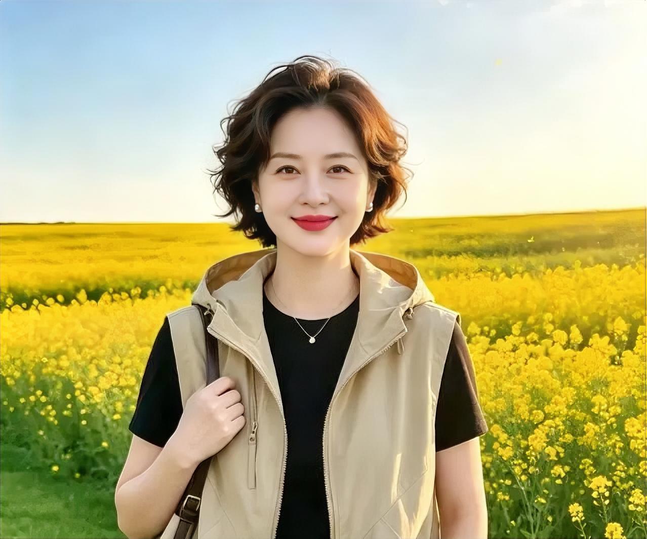 金色的花海铺向远方，夕阳为你披上暖光。微卷短发随风轻扬，笑容里盛满岁