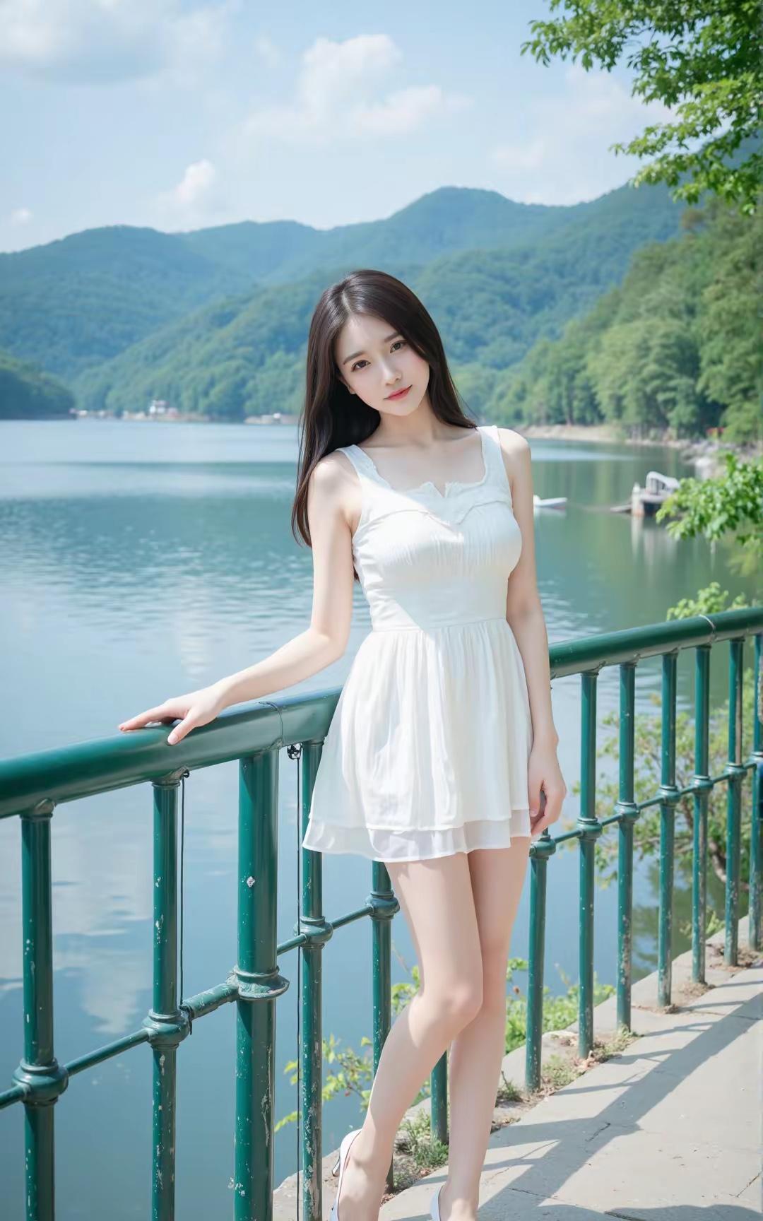 夏日湖畔，白裙飘飘，静享自然之美。