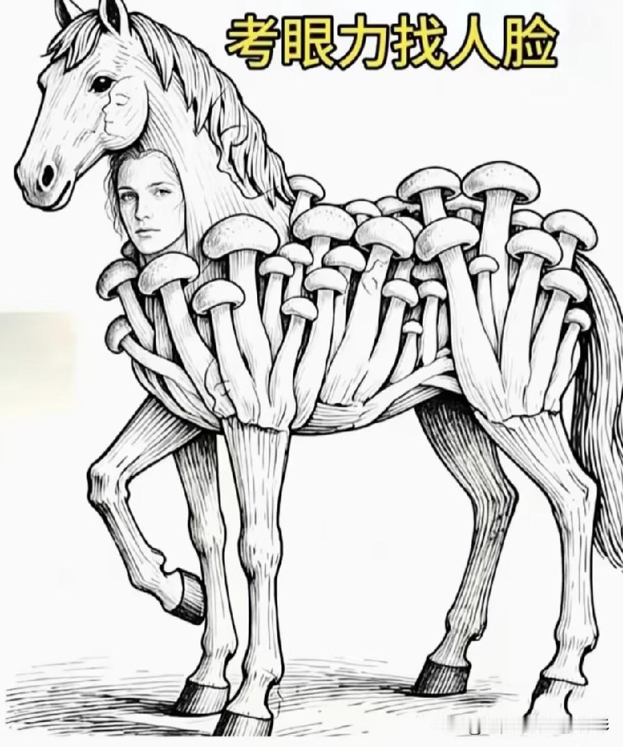 这幅蘑菇马图里藏5张人脸，你能全部找出来吗？
