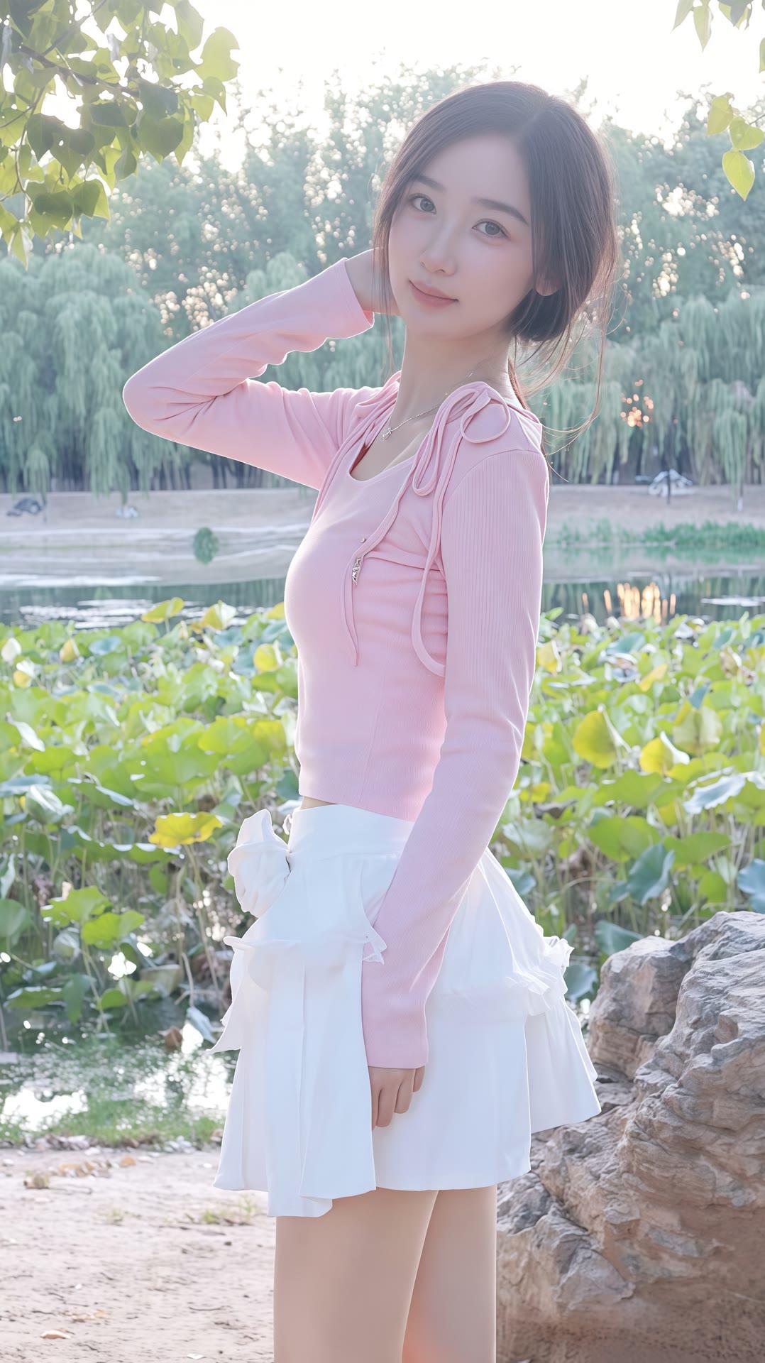 少女心满满，粉色长袖搭配白色短裙，在湖边漫步，享受美好时光。🌸💕
