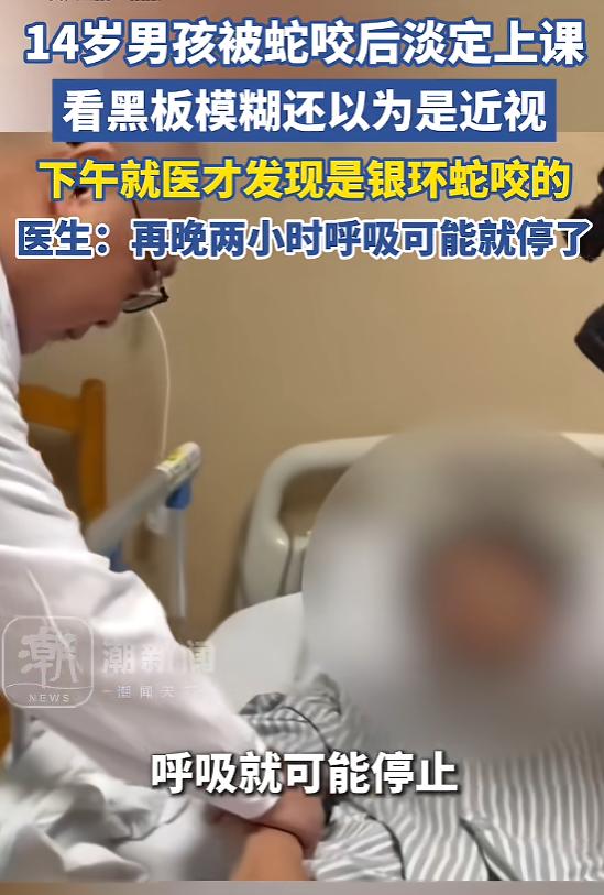 “太吓人了！”5月14日报道，广东，一14岁男生在学校草丛捡东西时，感觉手臂被