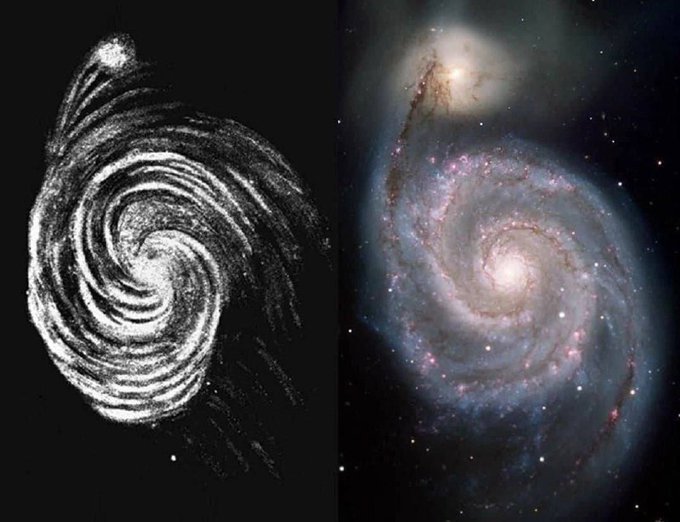 相隔175年拍摄的漩涡星系左图：罗斯勋爵于1845年绘制的一幅画。罗斯勋