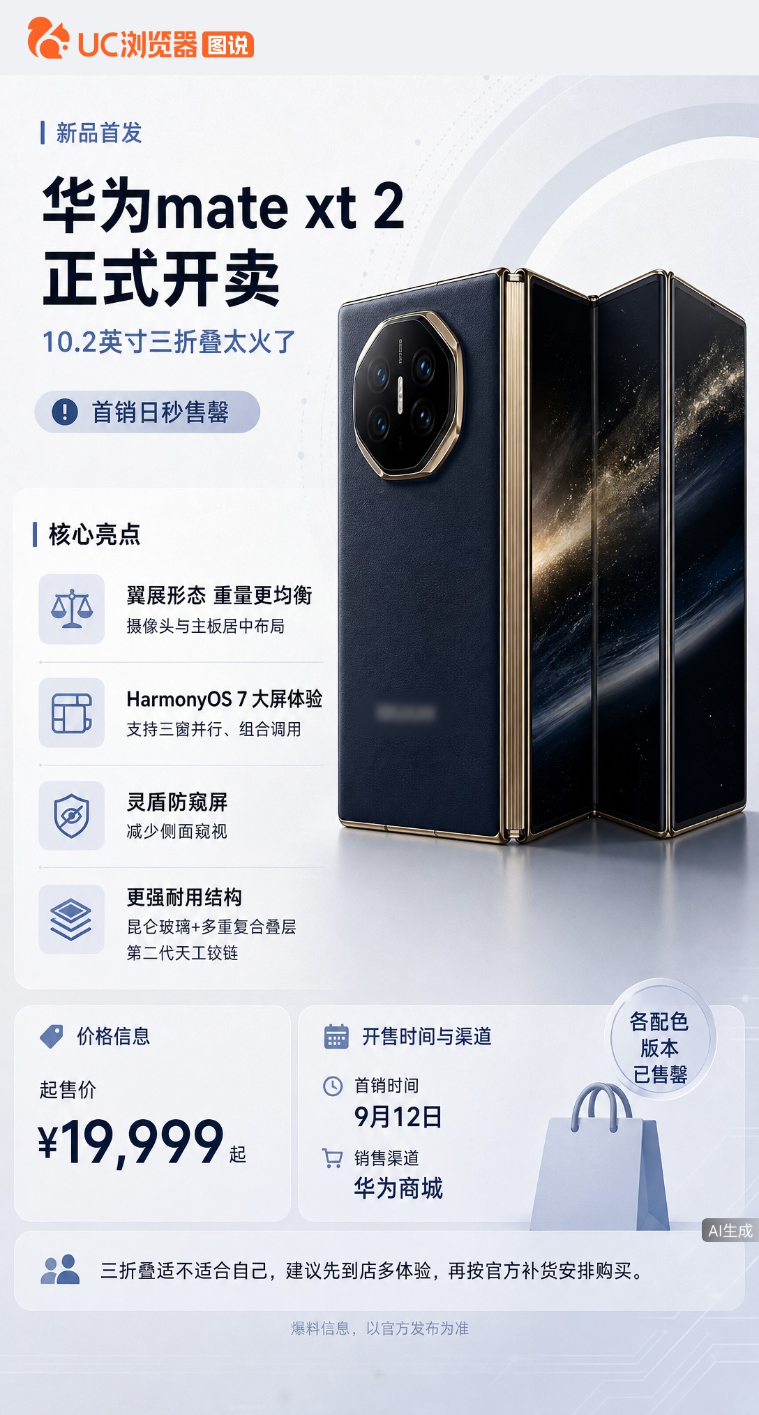 华为MateXT2首销秒售罄，10.2英寸三折叠确实火。但首批备货量未公布，比起抢首发，更该去店里试
