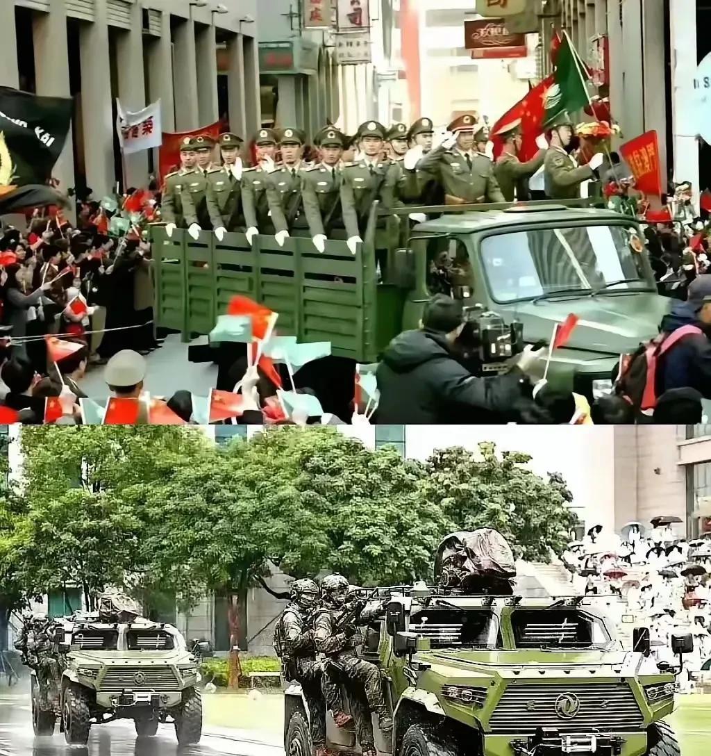 这是解放军驻澳部队相隔25年的对比照1999年时的军车是大卡车，上面站满了齐装