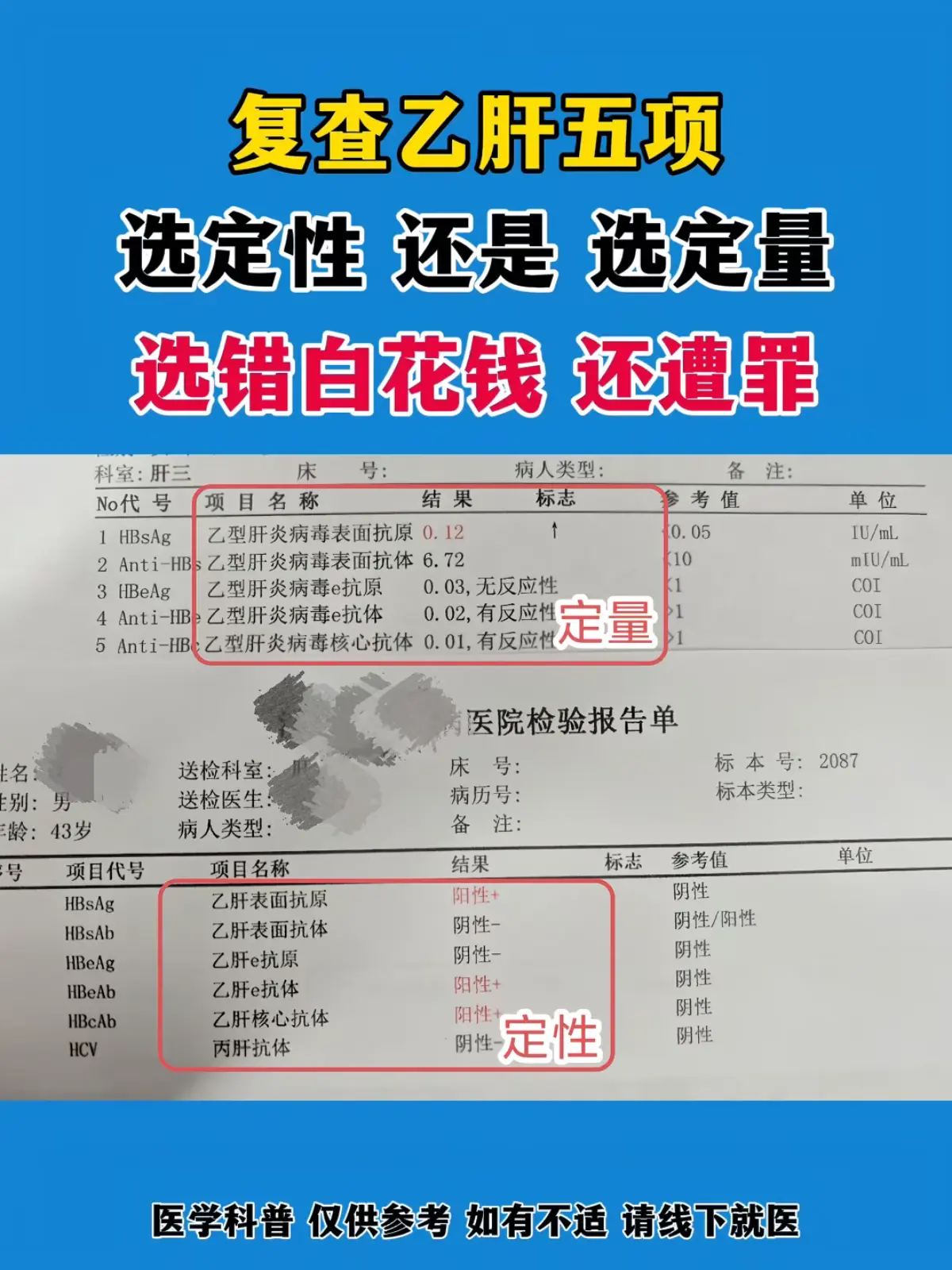 门诊有个乙肝患者，把当地医院的乙肝五项结果拿给我看：大夫，这上面怎么只...