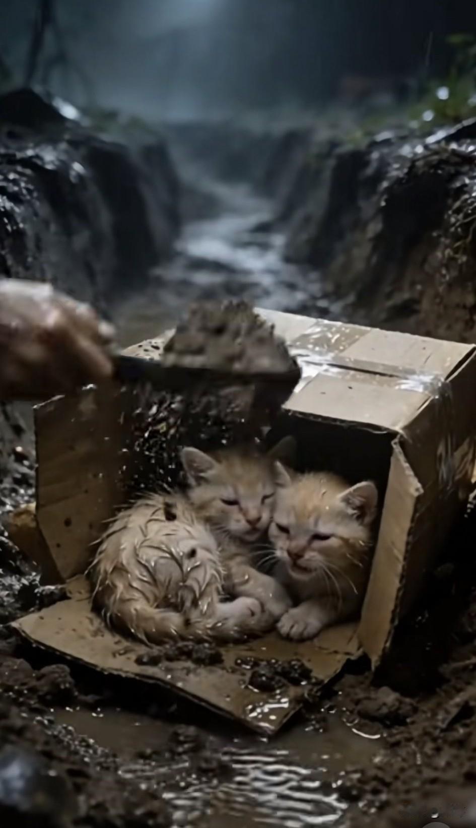 泪目了！一个寒冷的雨夜，两只可怜的小奶猫被主人残忍地遗弃在了一个土坑里，它们被冻