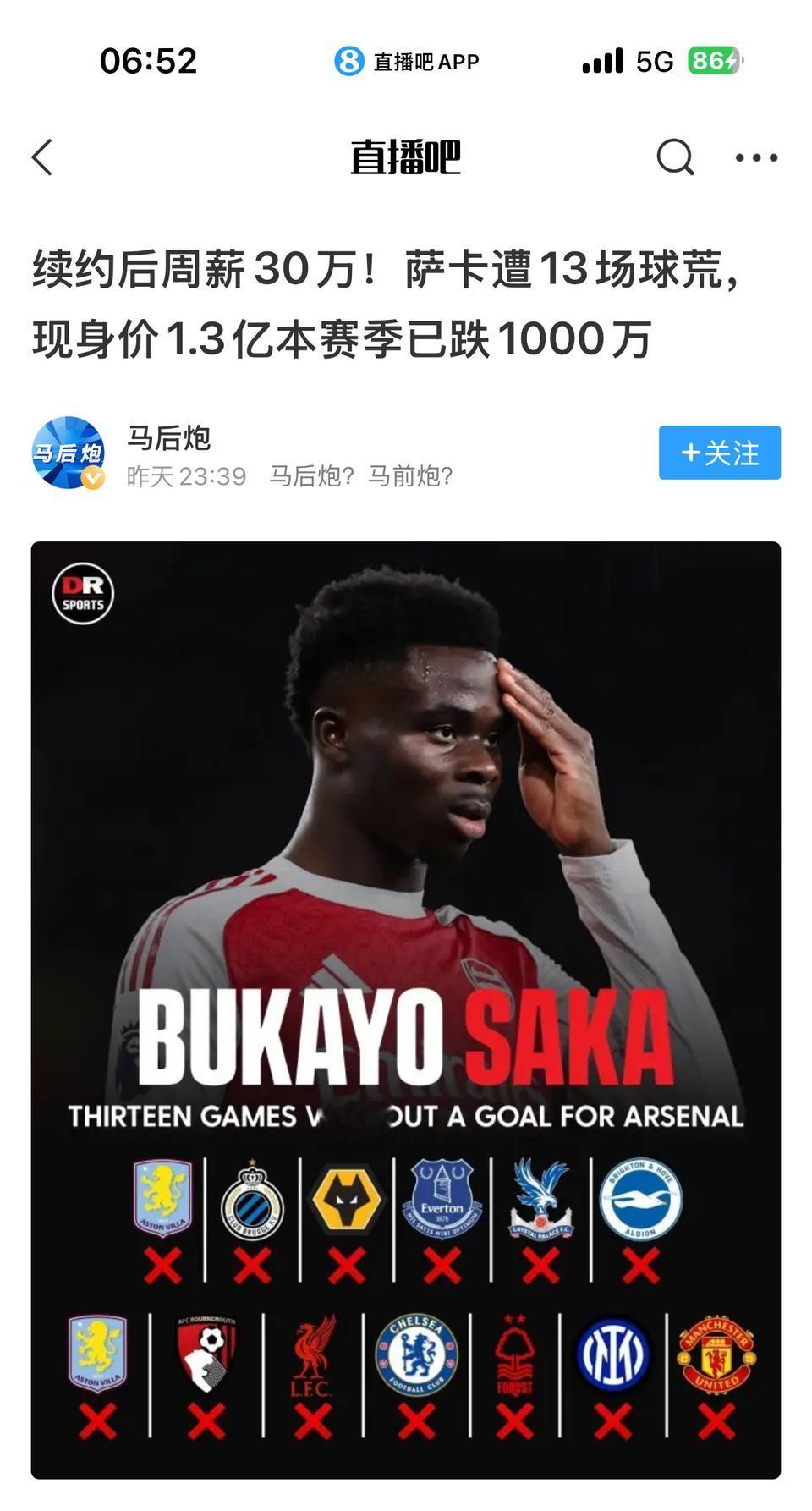 英超射手榜前20都没有阿森纳前锋，哲凯赖什或许还能留队观察，萨卡没必要了吧？