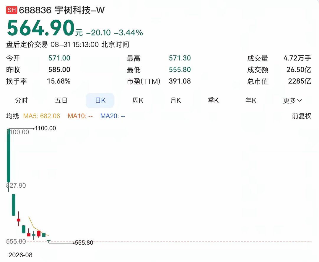 8月31日，宇树科技盘中最低555.8元，较上市首日开盘价1100元正式腰斩。9