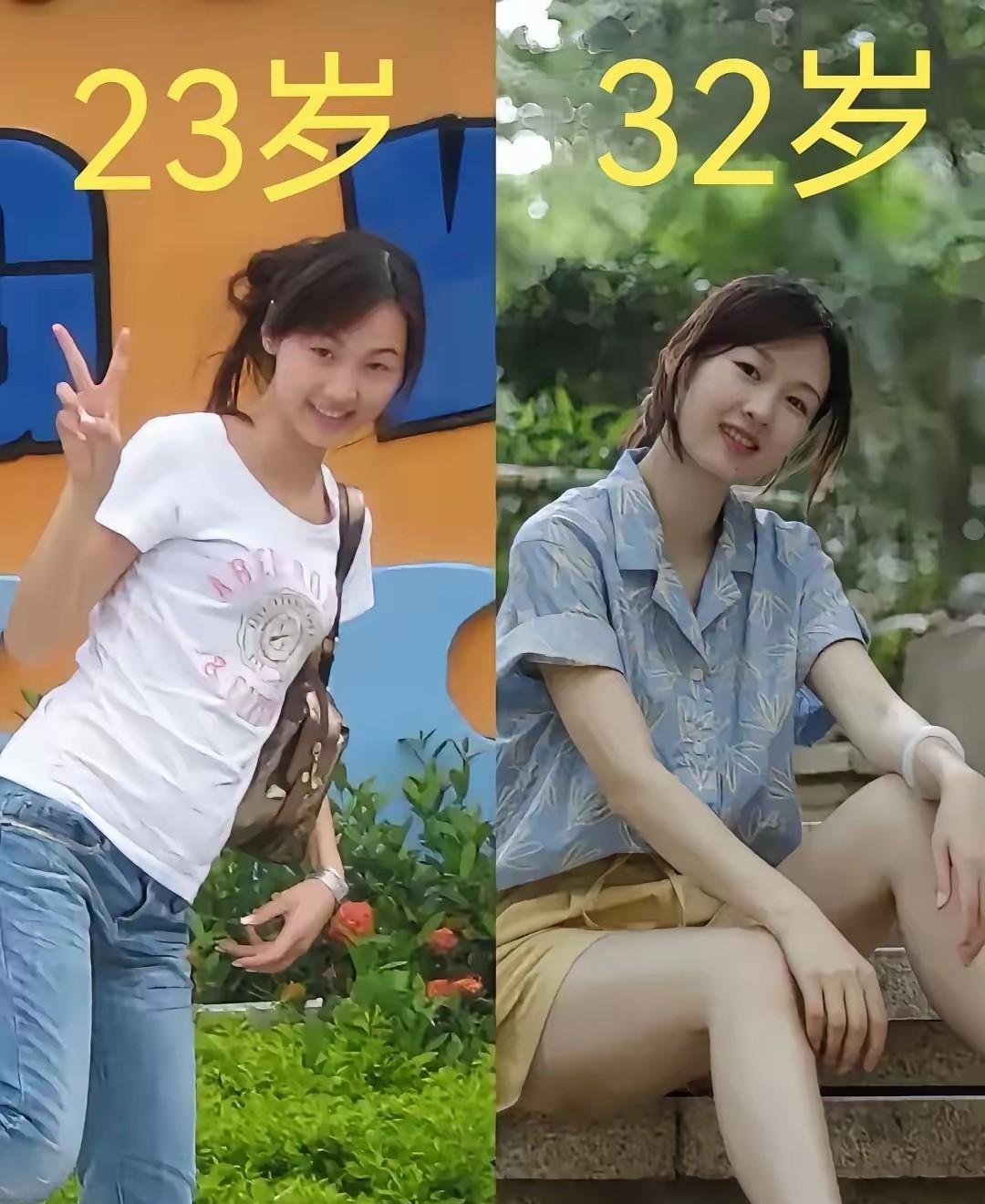 这是一位女生，相隔9年的两张照片。这位女生23岁时脸上还有些稚气，穿着白t恤和