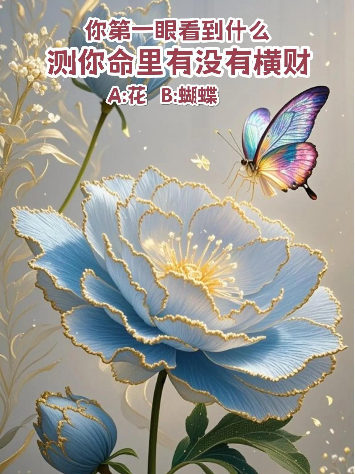 心理测试测测你命里有没有横财？？你第一眼看到什么？？？A.花B.蝴蝶🦋