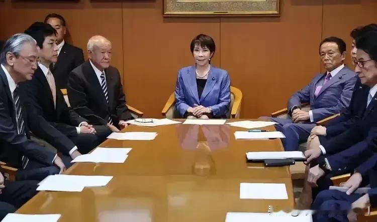 高市右边坐的是太上皇麻生太郎，脸板的像鞋拔子一样。左边坐的是他的小舅子财务大臣，