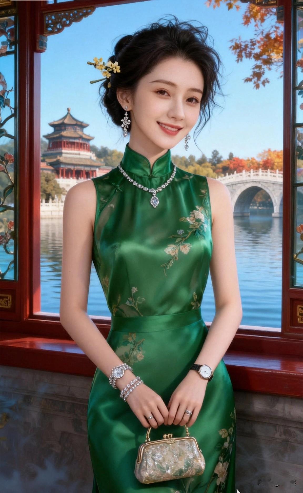 穿旗袍时怎么搭配项链纯色丝绒旗袍搭满钻吊坠项链，简约衣装点缀璀璨配饰，显贵气不浮