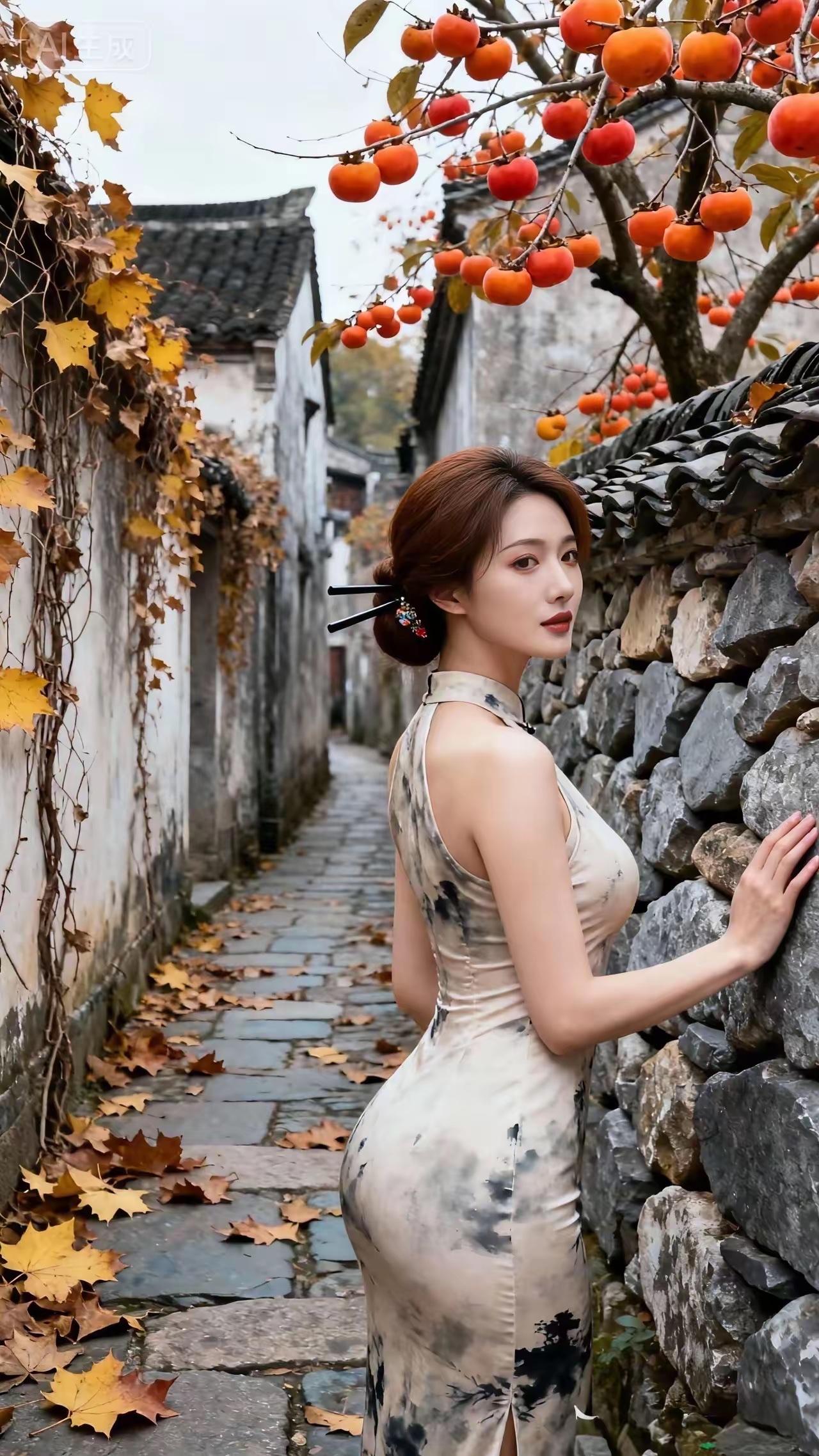 秋日漫步，红叶与古巷相映成趣，古典与现代的完美融合。