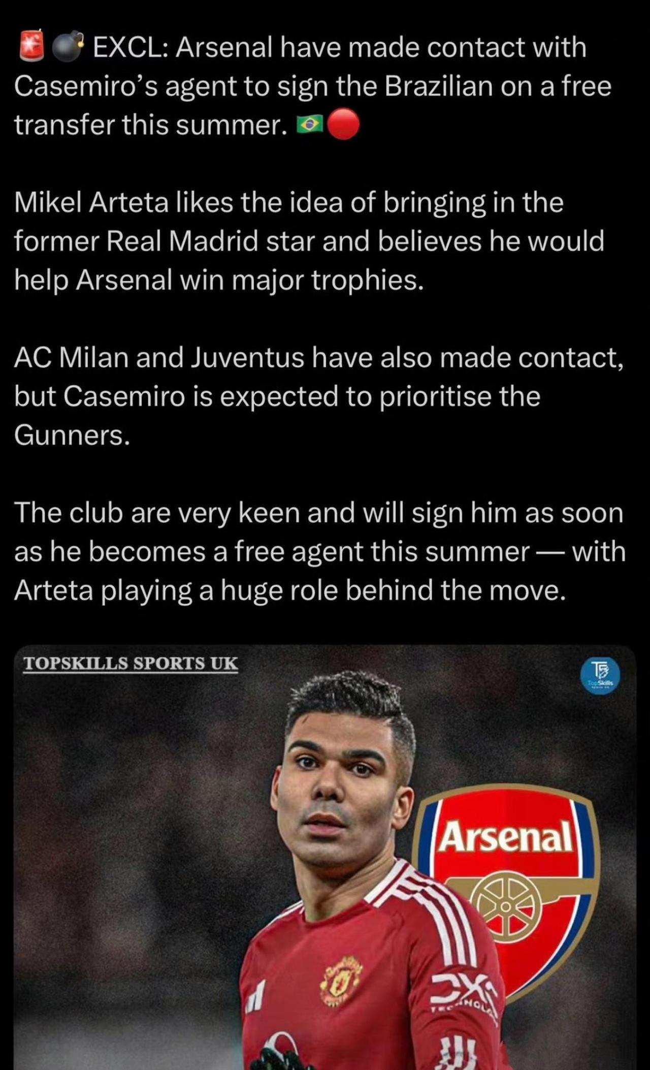 外媒说阿森纳夏天想签卡塞米罗？？这可是曼联球星，当然曼联不要了，随便阿森纳签