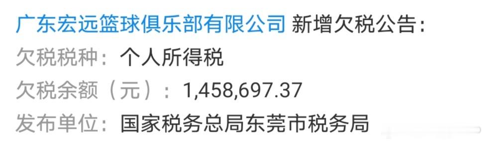 东莞税务局发布信息，广东宏远篮球俱乐部欠税145.8万元，欠税税种是个人所得税。