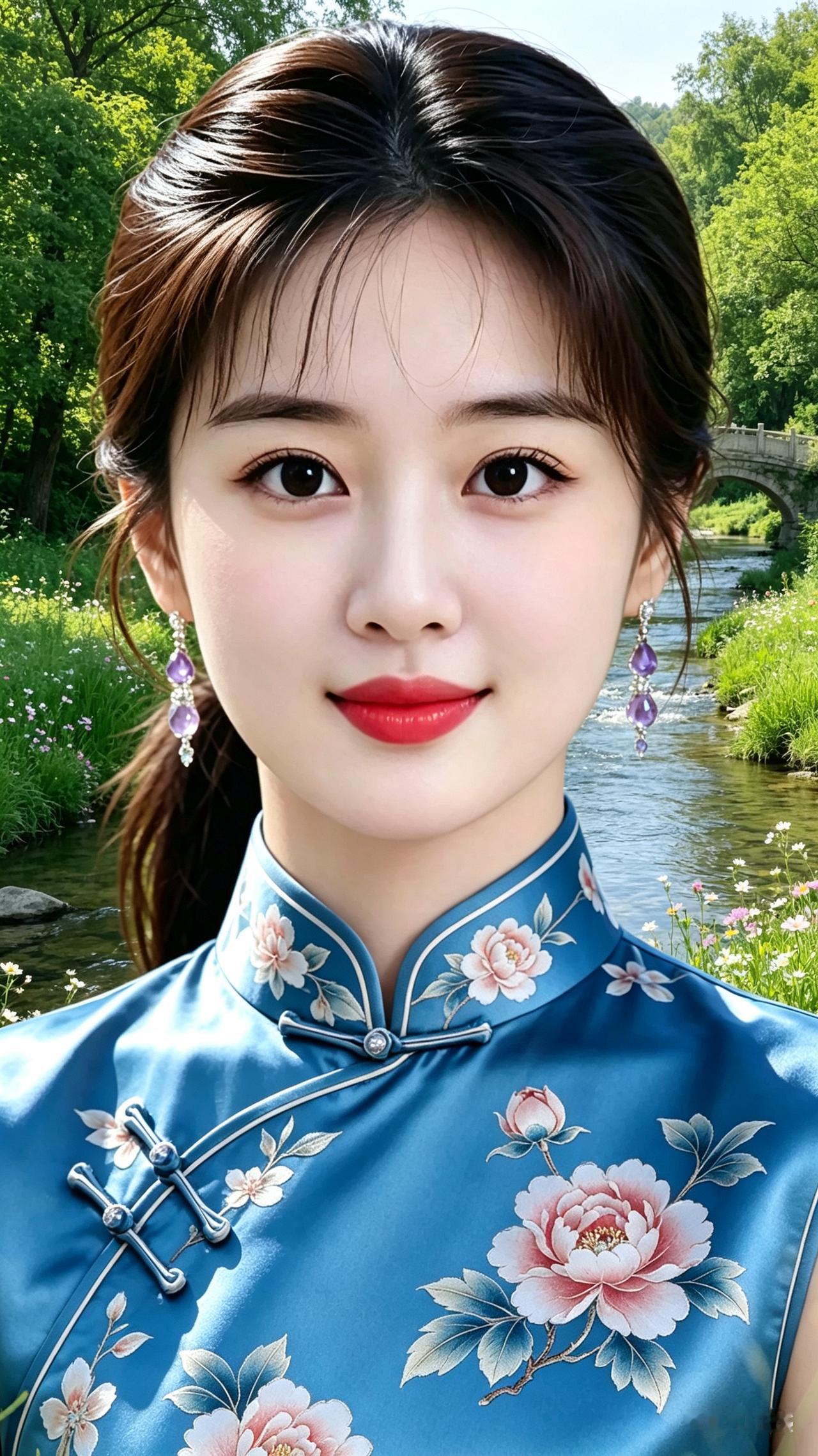 宁静乡村，溪水潺潺，远处坐落朴素小石桥，两岸林木葱郁，野花点缀。女子身着蓝色旗袍