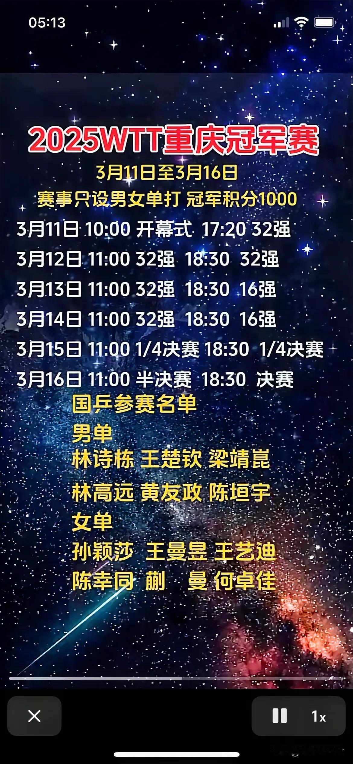 20253月11日WTT重庆冠军赛这次央视直播。不用咪咕视频充钱了。真好！千