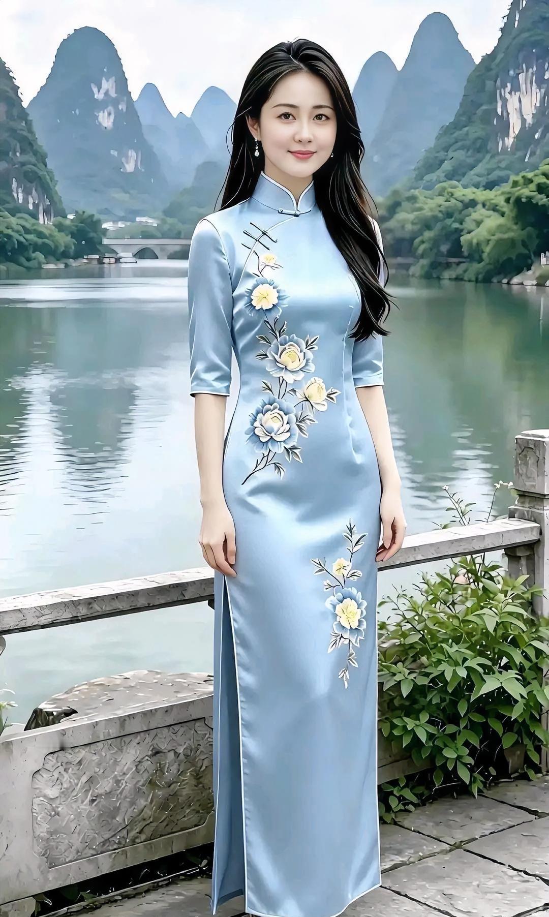 烟青染透一江春水浅蓝旗袍绣着云影花痕立领轻含山色长发垂落如柳石桥
