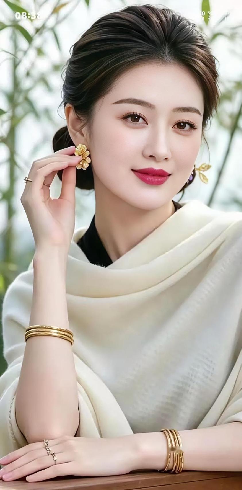 柔光洒在翠绿的竹林，你披着米白色的围巾。金色手镯与花朵耳环，衬得笑容