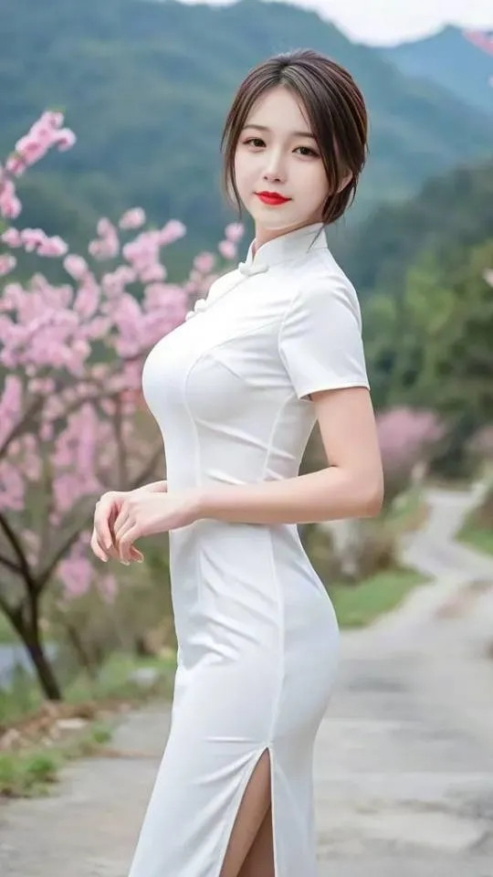 纯白色旗袍与桃花形成对比
