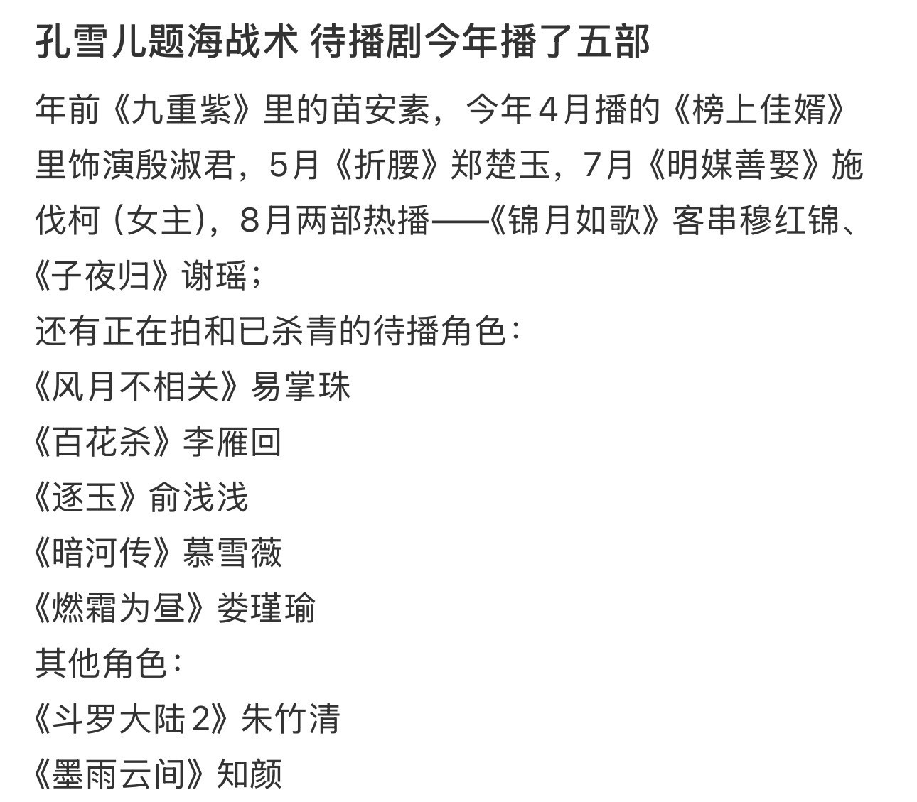 孔雪儿题海战术待播剧今年播了五部​​​