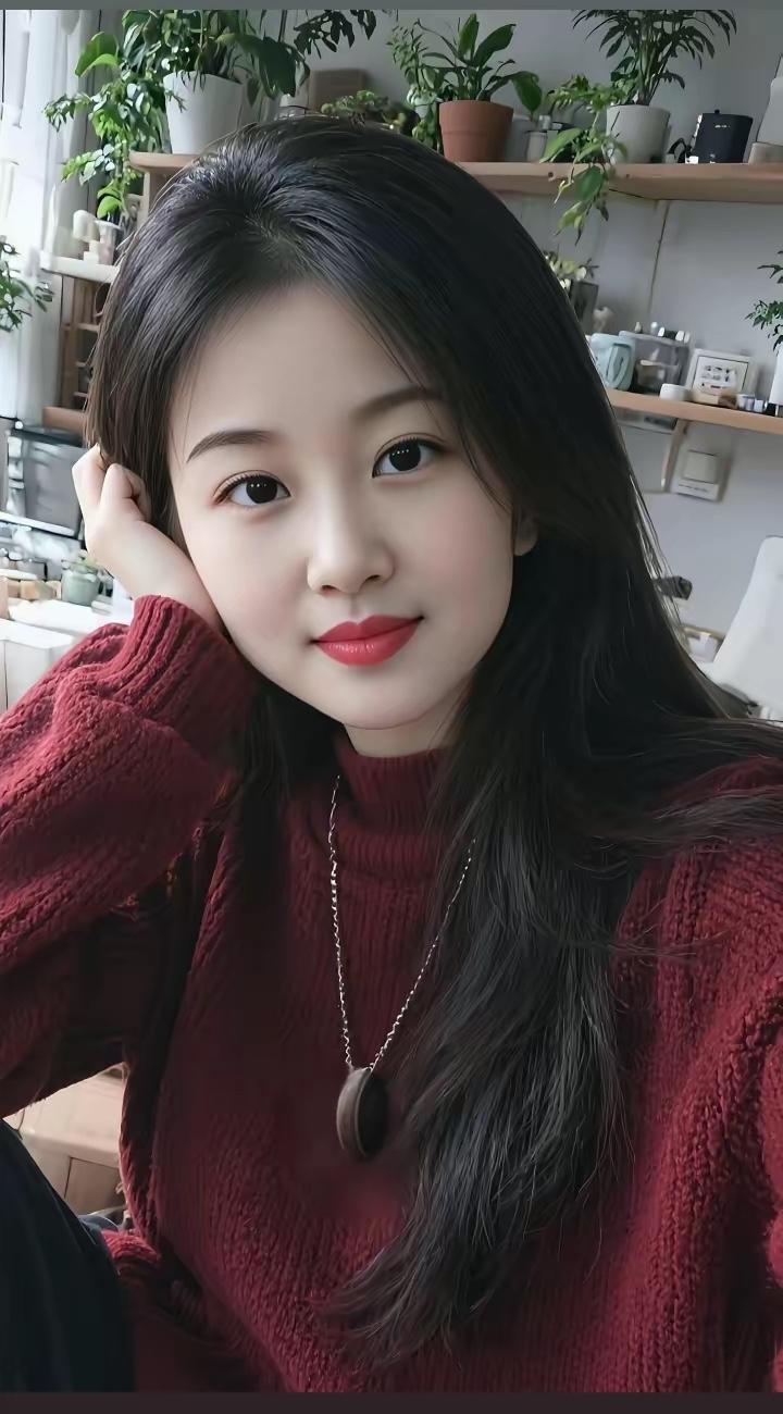 温暖冬日，慵懒午后，红衣少女与绿植相伴。