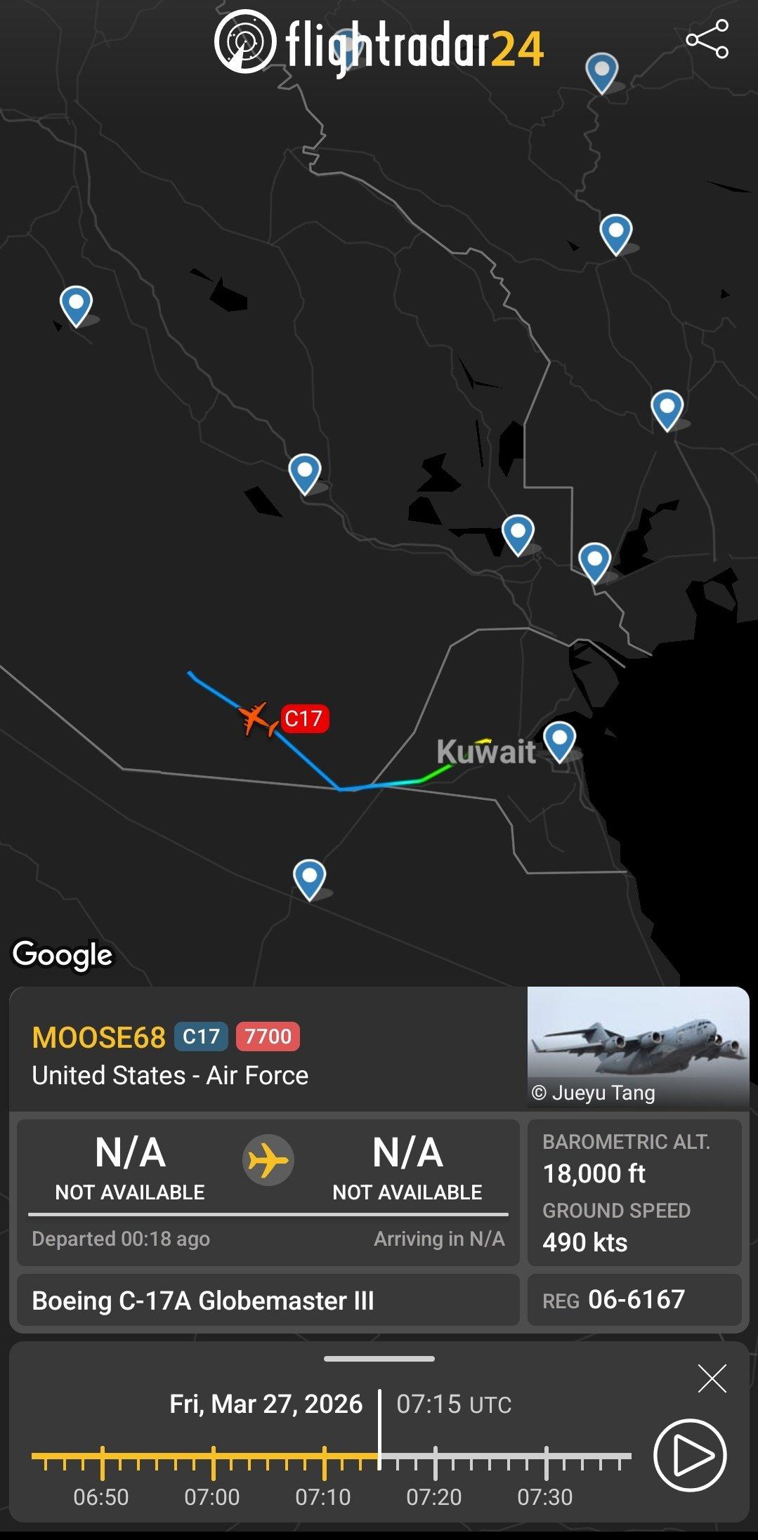 一架美国空军C-17A战略运输机在离开科威特萨利姆空军基地挂出7700代码，原计