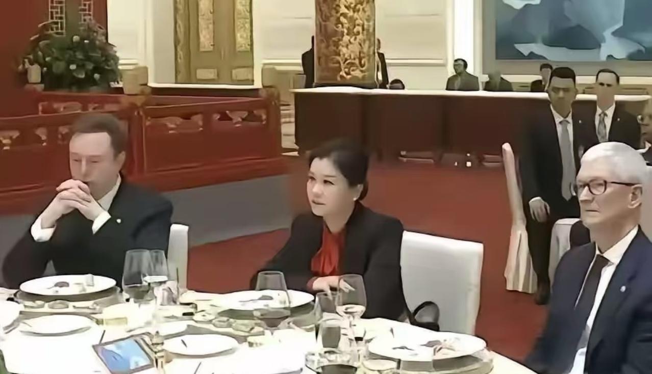 谁能想到，一个大专学历的女人，有朝一日能坐在马斯克和库克两位世界顶级大佬中间，但