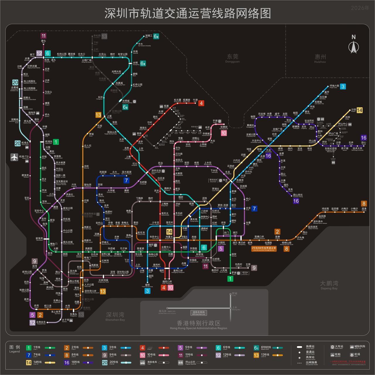 深圳地铁线路图(深色版)分享！15000x15000地铁路线路线图深圳地铁