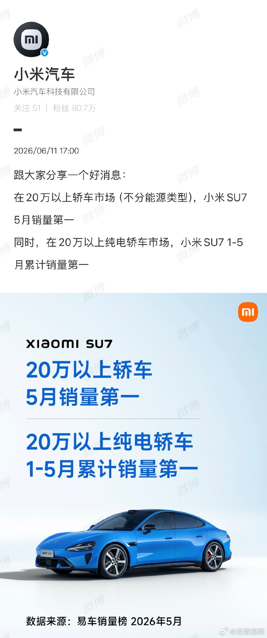 【小米汽车再发SU7战报】20万以上轿车市场小米SU75月销量第一6月11日，
