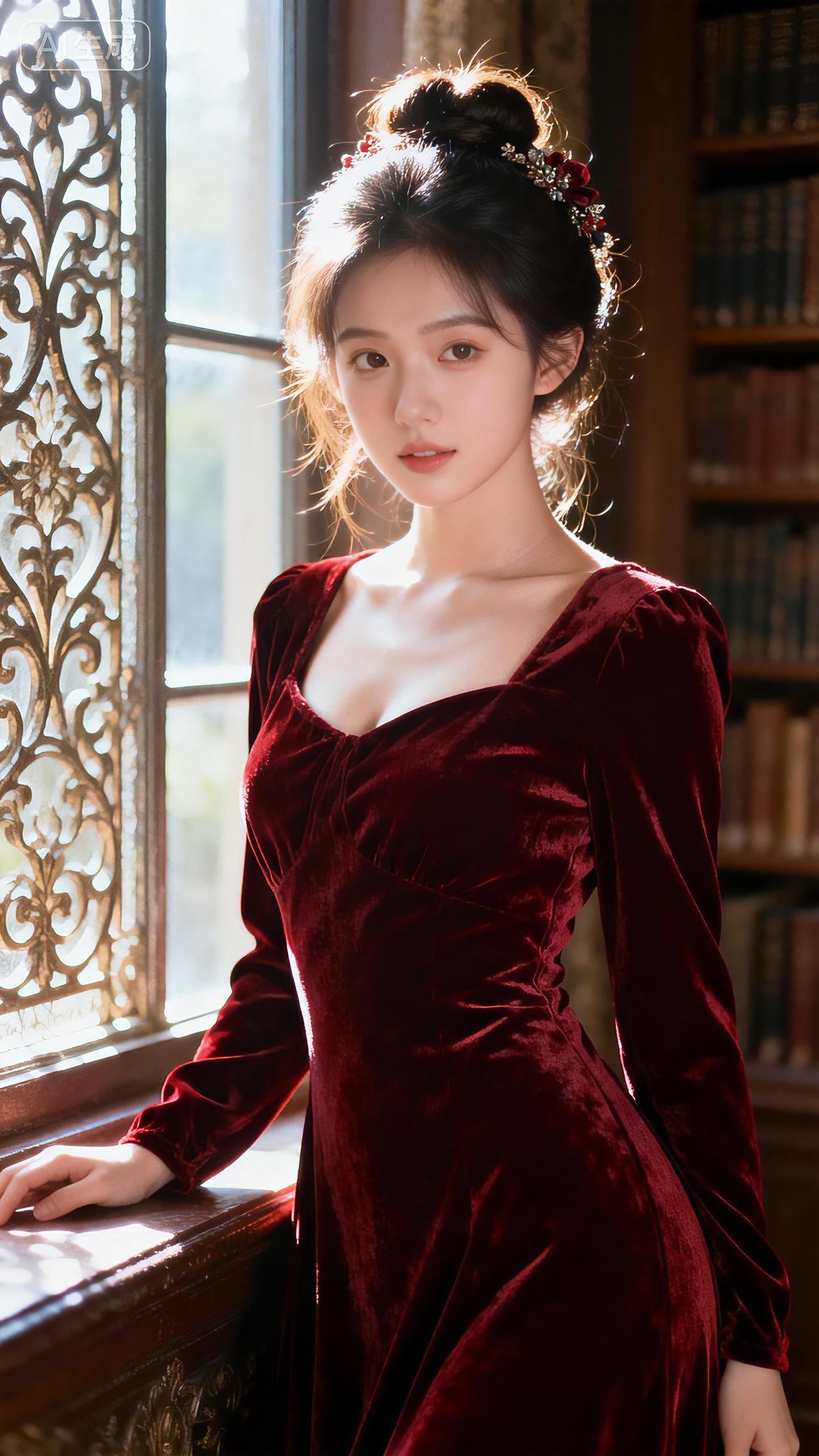 窗边红裙，光影交织，勾勒优雅瞬间。居家御姐壁纸分享豆包高清女壁纸壁纸美女