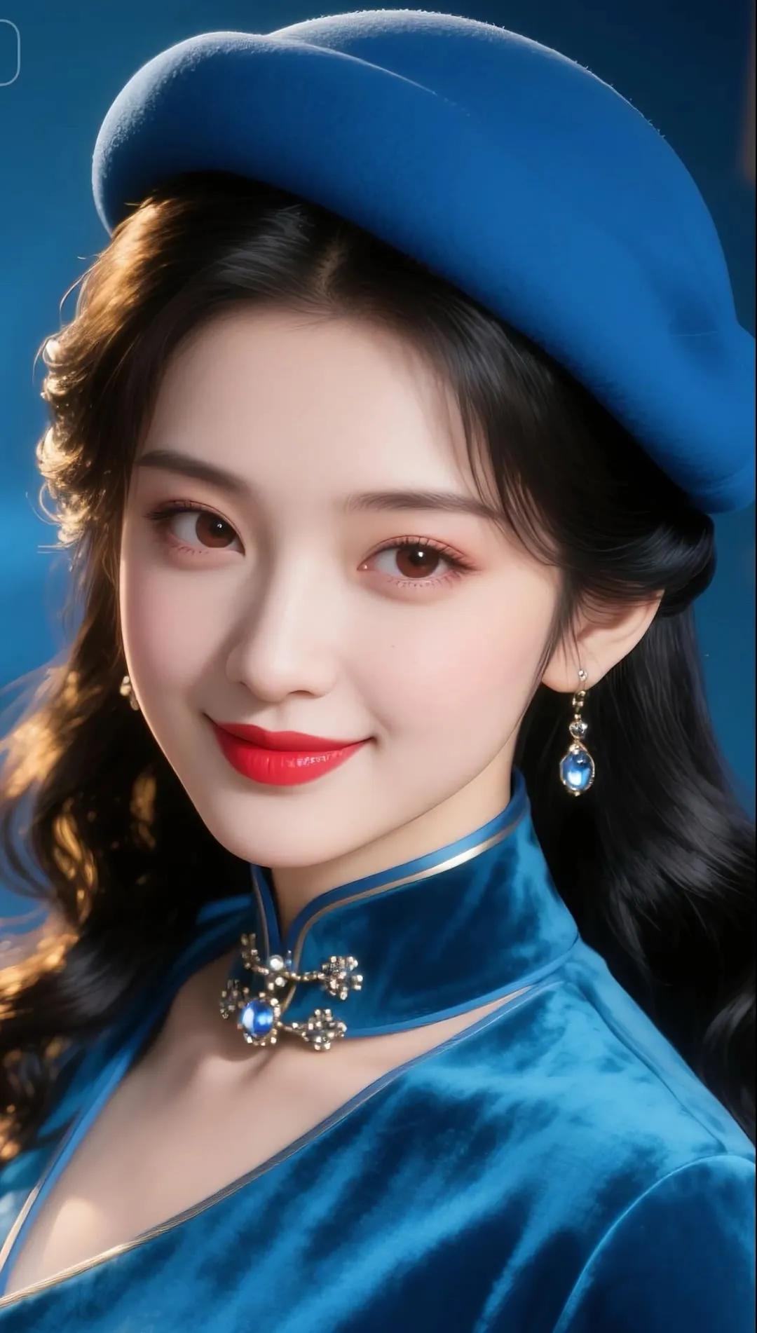 优雅蓝调，复古风情，红唇与蓝帽的完美碰撞！^