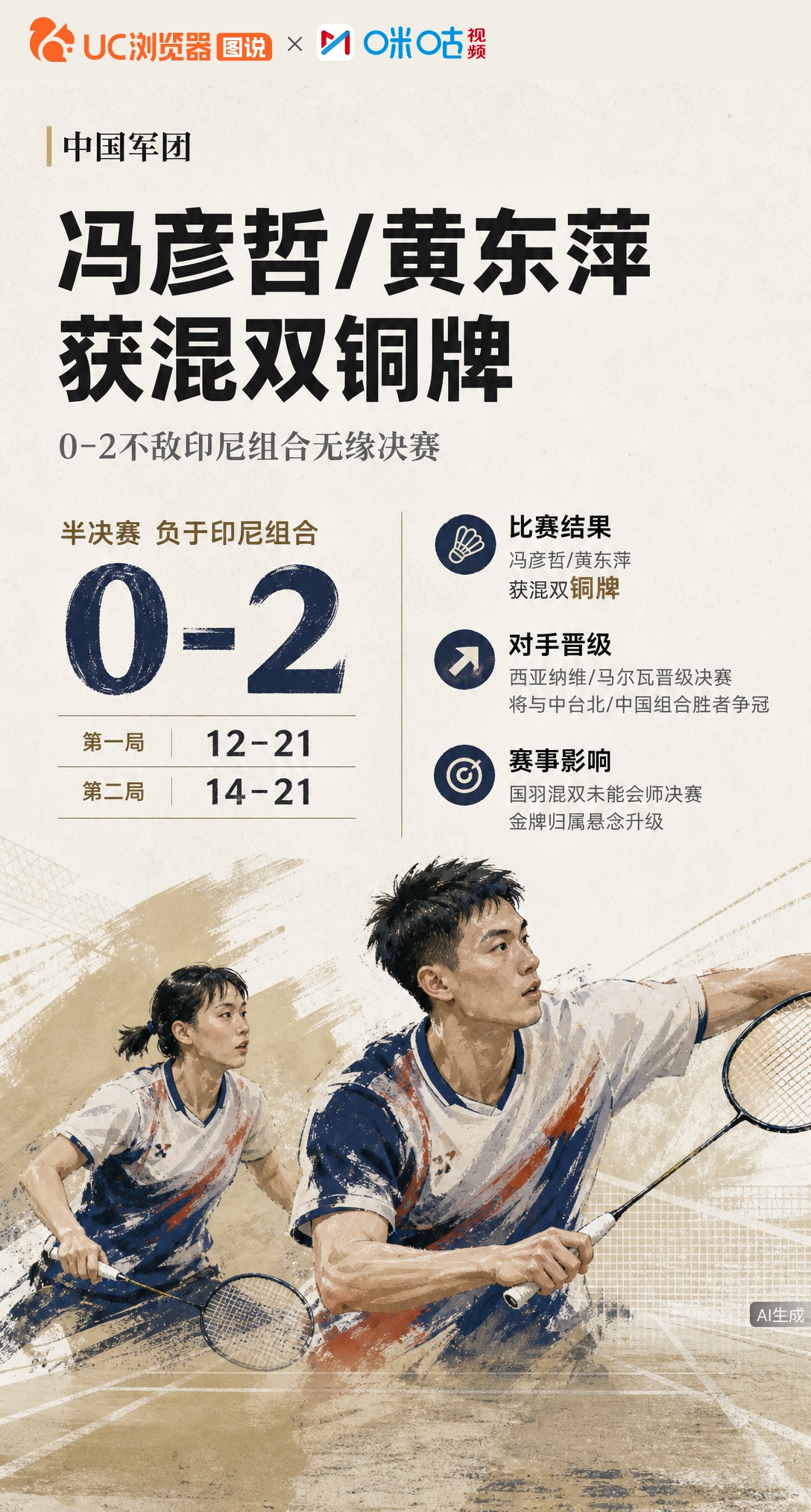 亚运混双半决赛，冯彦哲/黄东萍0-2不敌印尼组合，两局仅得12分和14分，无缘决赛收获铜牌。国羽混双