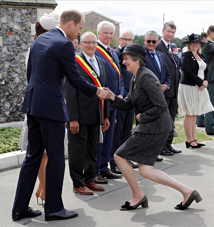 那时，英国女首相特蕾莎梅向威廉王子王妃行礼还挺标准。真是太难为她了，让一位六十多