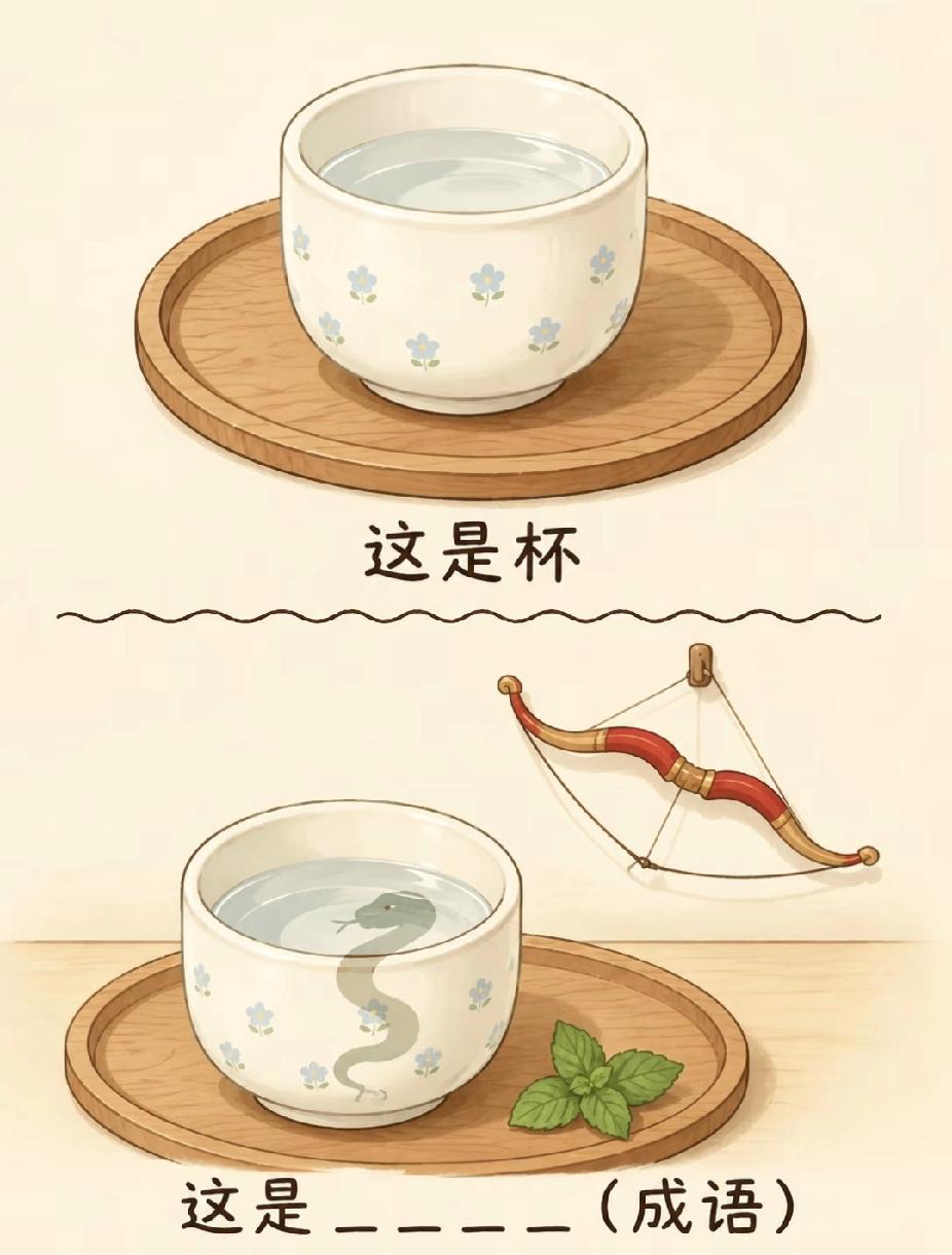 看图猜成语！杯里有蛇，旁边还有弓？