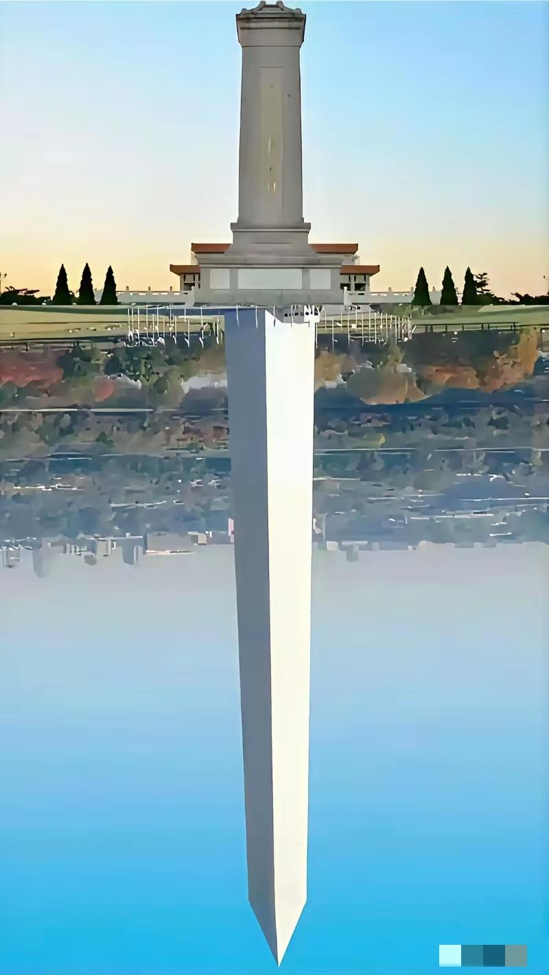 一个是我国的人民英雄纪念碑，另一个是美国的华盛顿纪念碑，形成一把擎天利剑。人民