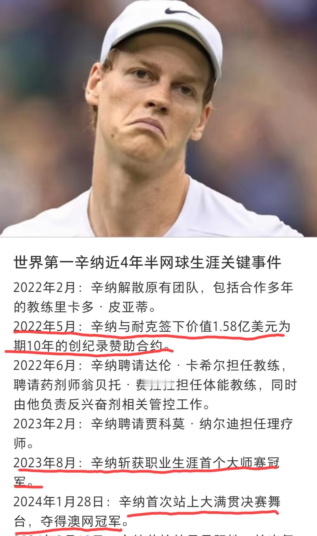 网友总结出来的“辛纳近些年网球生涯的大事件”。从这一桩桩关键事件里面，我们看到