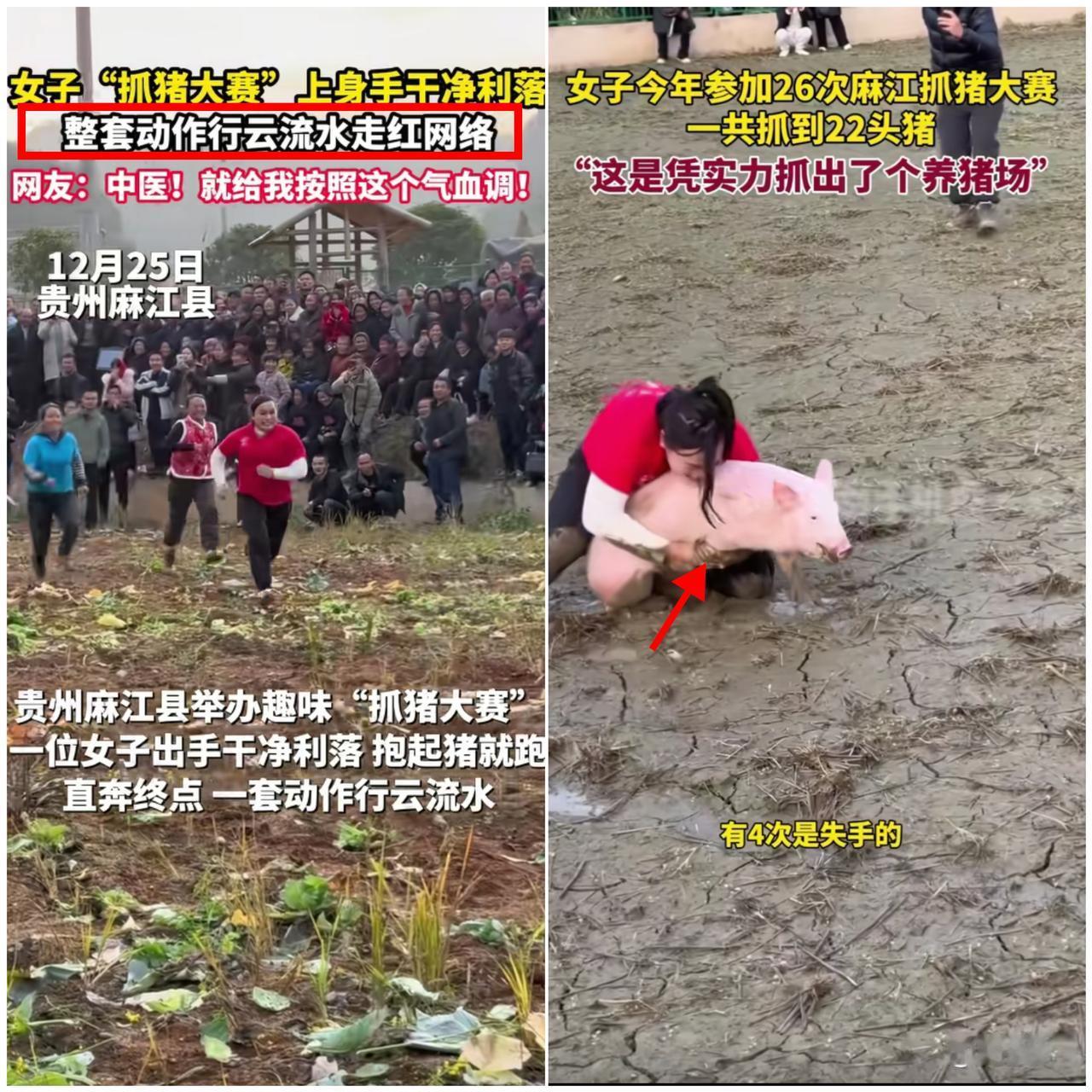 人民日报都点赞的抓猪大赛也太燃了！贵州小姐姐一招“泰山压顶”按住小猪，拦腰抱