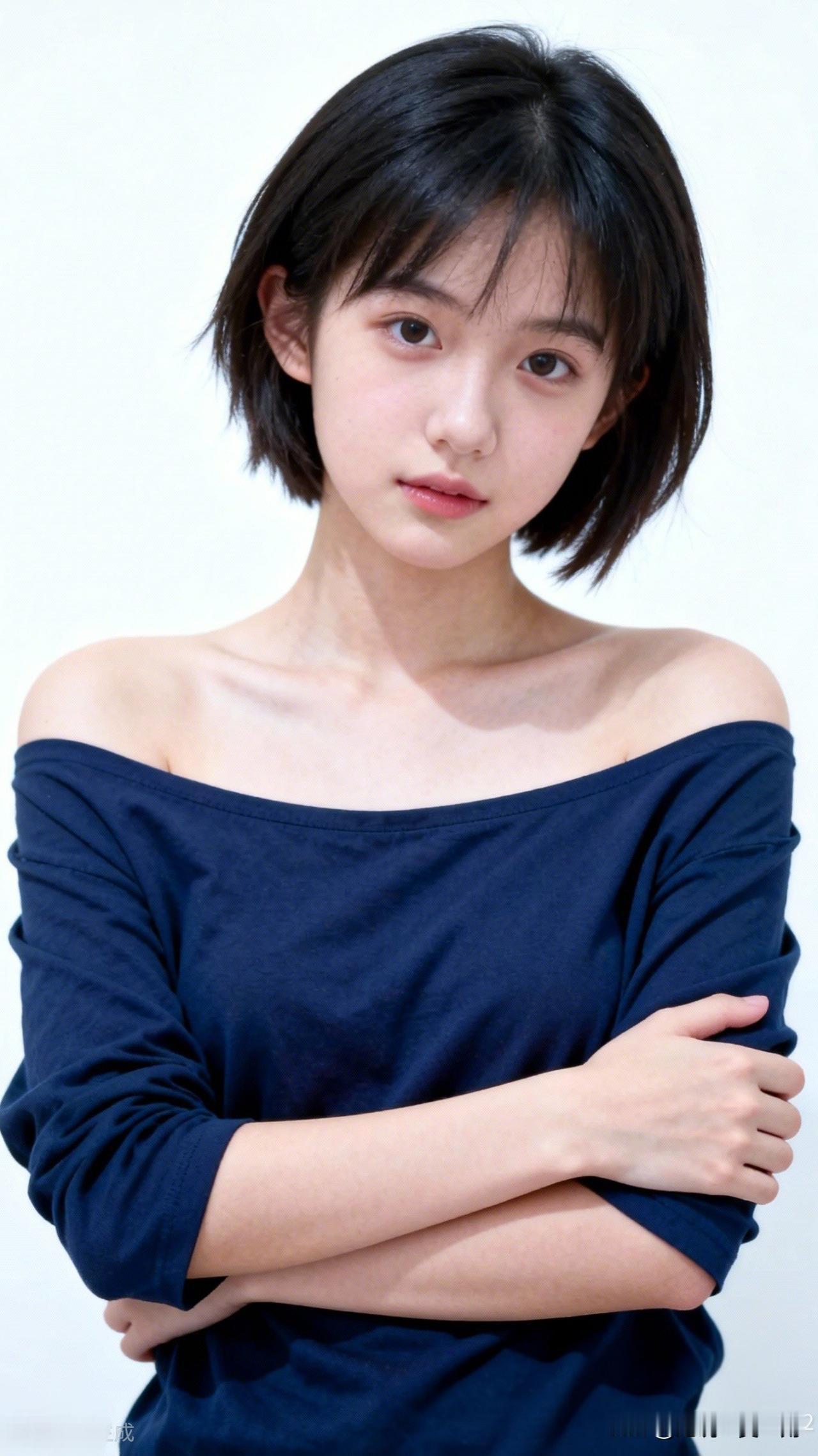 青丝拂面，笑靥如花。清纯甜美的样子漂亮吗元气少女，短发甜美，蓝衣清新，自然可爱