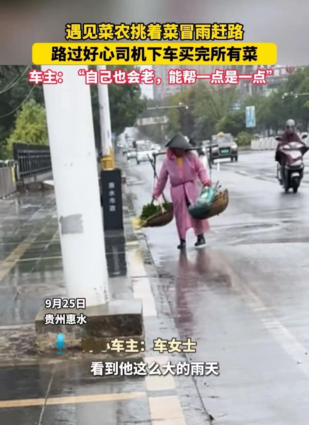 看哭了！贵州惠水，女司机遇见菜农挑着菜冒雨赶路，走路还一瘸一拐，一口气买下菜农所