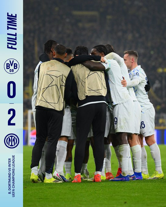 欧冠国米客场2-0多特，双方均进欧冠附加赛：国米第10名（种子队），多特第17名