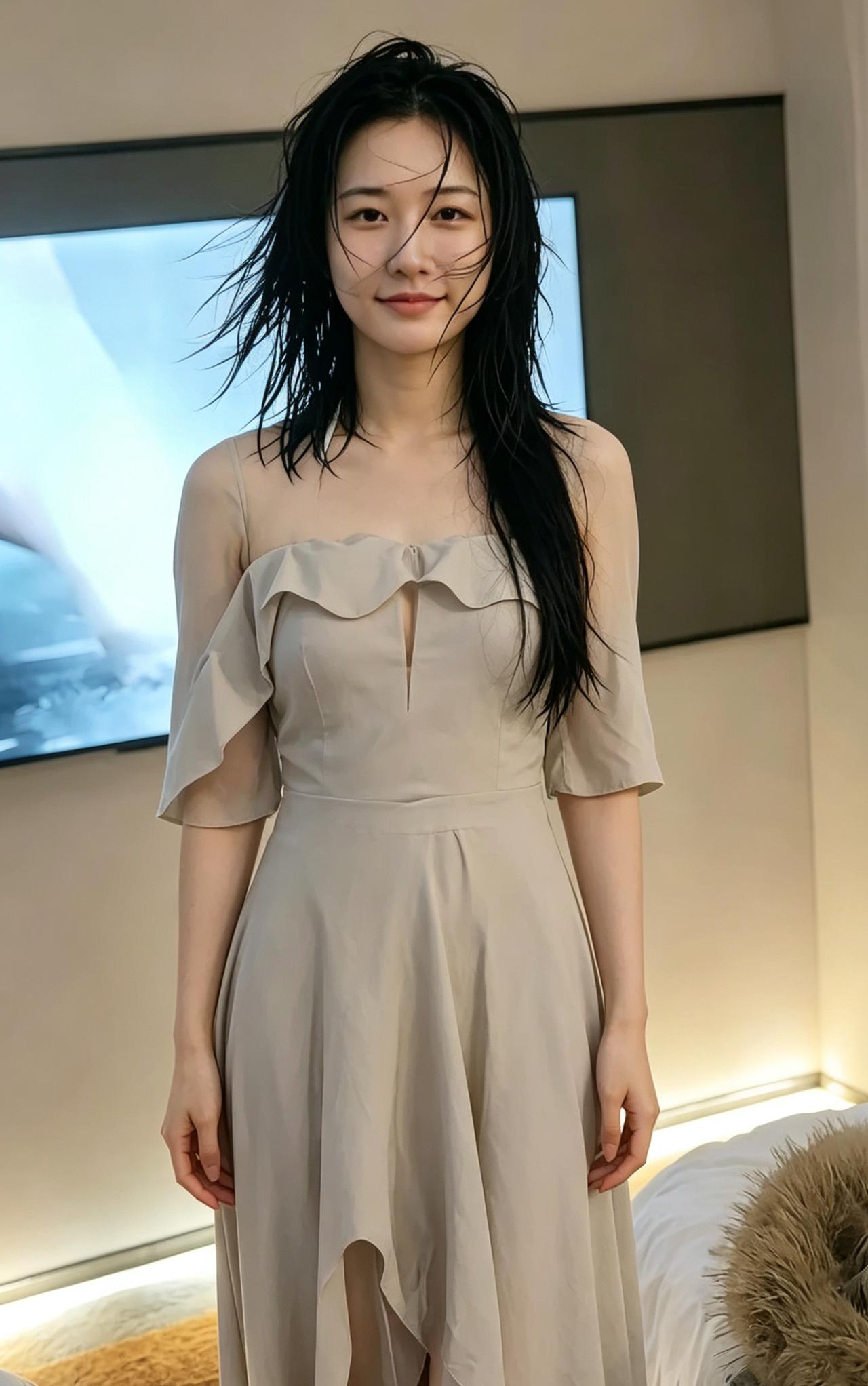 罗裙轻衬影，浅笑自安然。一室温柔色，清光落玉颜。
