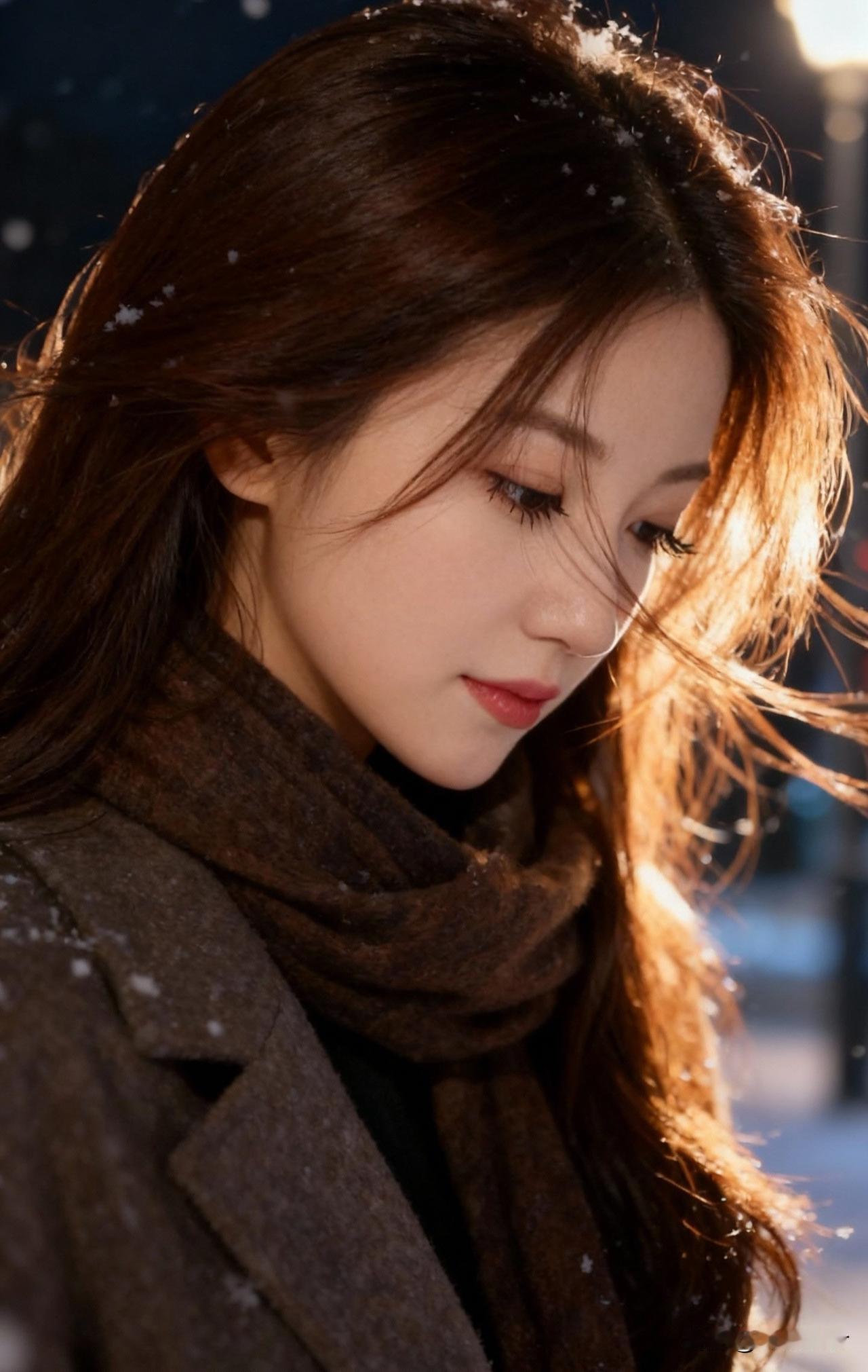 雪中美人影，风里发丝轻。