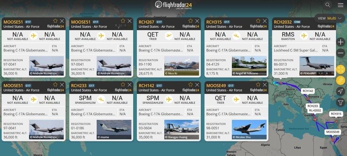 至少有9架C-17和C-5运输机频繁往返欧洲的美国基地和中东执行运输任务，另外巴