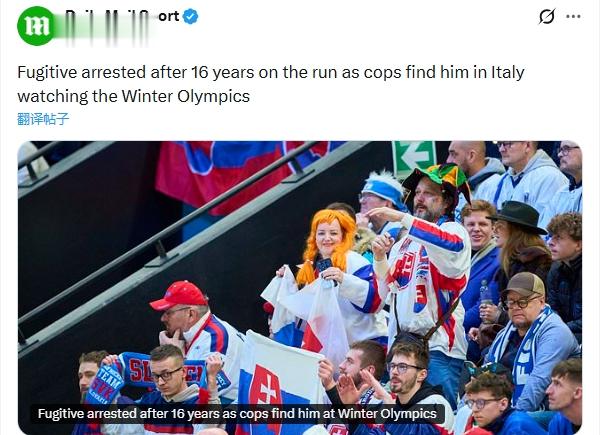 热爱! 一男子潜逃16年后回意大利想看冬奥冰球比赛, 结果赛前被捕