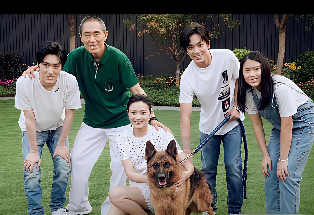 张艺谋幸福的一家子。两儿一女都长大成人，老谋子享受儿女成人的幸福，再加上年龄不饶