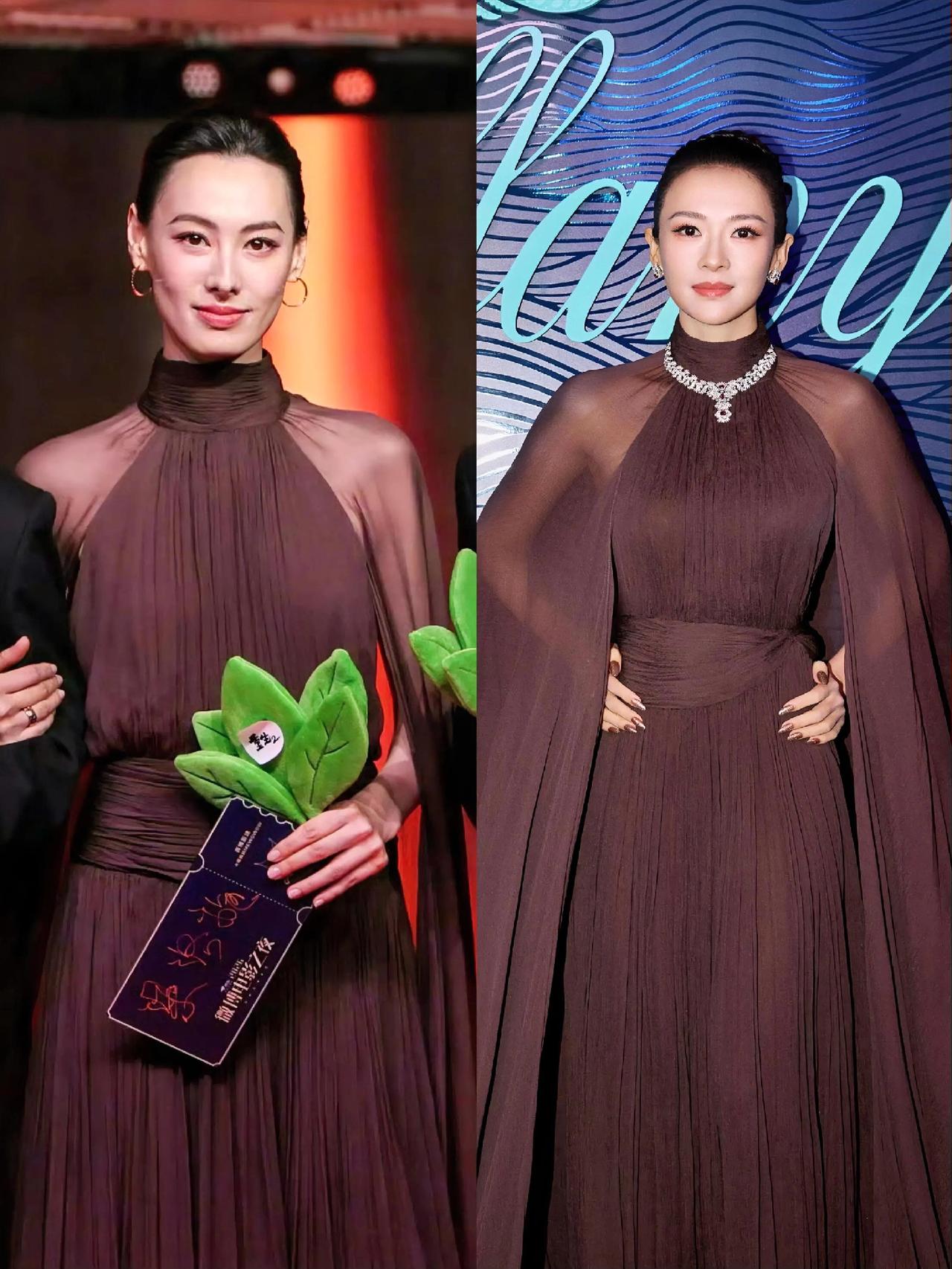 梁洛施和章子怡撞衫风格不同，各有各的美梁的脸很高级衣服她撑起来了不戴珠宝