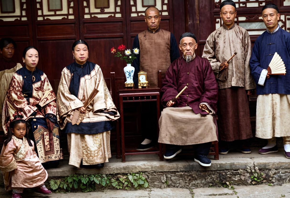 这是一张典型的清末时期富贵人家的合影。老爷子正襟危坐，一边坐着他的原配和小妾